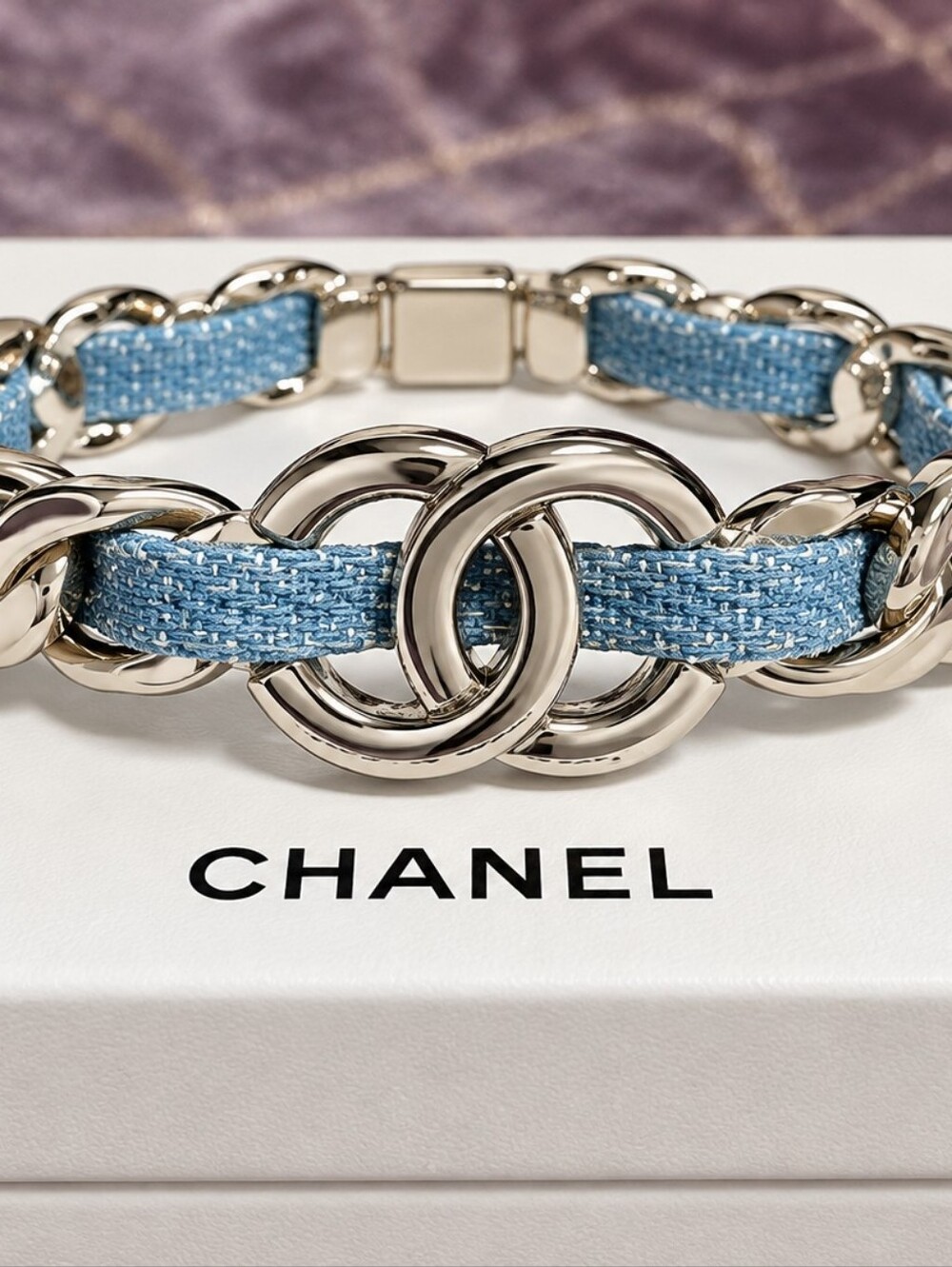 Chanel Silver Chain Bracelet with Light Blue Woven Band